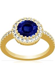 18K Yellow Gold Round Cut Blue Sapphire Ring With Sidestones (GIA Certificate)