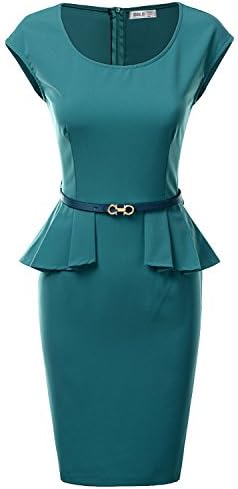 Doublju Women Cap Sleeve Round Neck Belted Sheath Peplum Dress Teal L