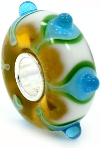 925 Sterling Silver "Brown and White with 3D Blue Dots" Glass Charm Bead