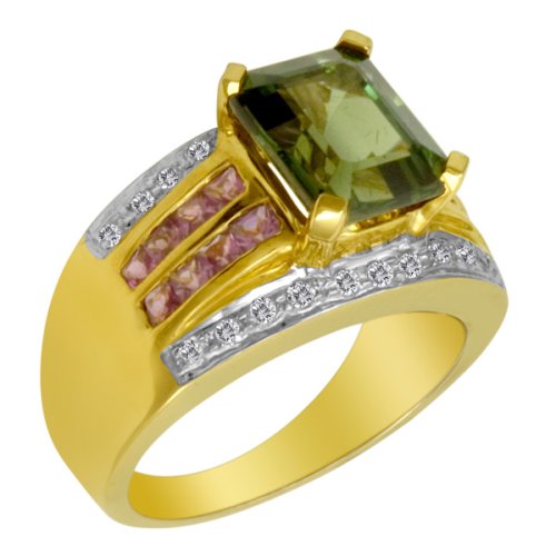 14k Yellow Gold Ring Green Tourmaline, Diamonds, 