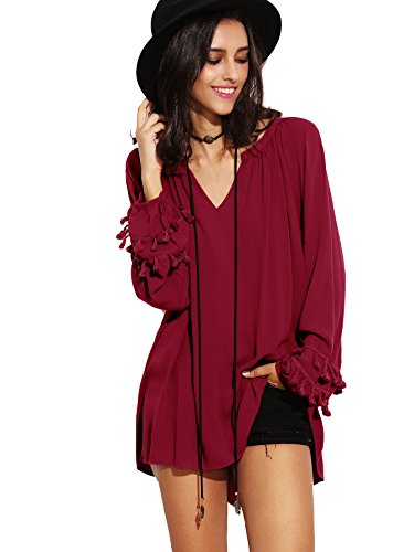 SheIn Women's Tassel Trim V Neck Loose Pleated Blouse Top