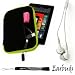 Black - Green Trim Aero Protection Design Slim Soft Suede Cover Carrying Sleeve Case with Extra Accessory Back Pocket For ViewSonic ViewPad e70 Ice Cream Sandwich 7-Inch Tablet + Includes a Crystal Clear High Quality HD Noise Filter Ear buds Earphones Headphones 3.5mm Jack