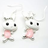 DaisyJewel Lucky Charms: Pretty in Precious Pink Dainty Dangle Princess Bunny Rabbit Earrings - Girly Glam - Silver Wire Ear Hooks with Articulated White Enamel Bunnies - Pink Sparkle Bellies on Silver Dangle Bodies with Silver Crystal Bows and Cute Black Crystal Eyes