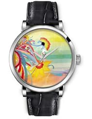 SPRAWL Aanalog Fashion Series Silver Ladies Watches of Genuine Black Leather Strap,Unique Wrist Watch for Women Girls Designed with Painting flowers with colored stems