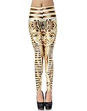 HDE Women's Funky Digital Print Design Graphic Stretch Footless Fashion Leggings (Golden Pharoah)