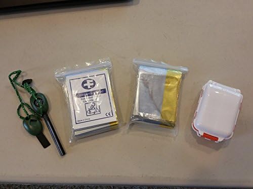 Basic Survival Kit - Firestarter, 2 Emergency Blankets and Storage Box - Multi