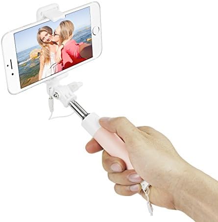 zhumutang Mini Wired Extendable Selfie Stick 360 Rotation with Mirror (Battery Free,No Bluetooth)perfect for iPhone, Samsung Galaxy , Note 5/4, Nexus 6P/5X, and More Android (pink)