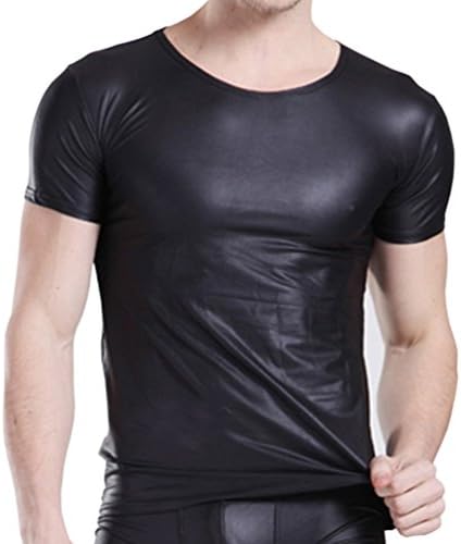 Qiufeng Men's Sports Elastic Paint Faux Leather Sexy Tight T-shirts Underwear Black XL