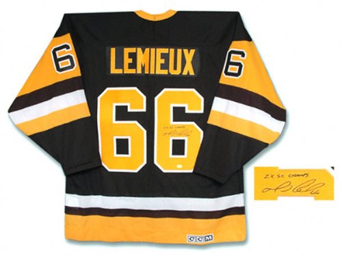 Buy Mario Lemieux Pittsburgh Penguins Autographed Black CCM Jersey with 2X SC Champs Inscription by Mounted Memories