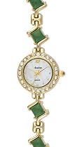 Avalon Ladies Fashion Genuine Jade Watch with Cubic Zirconia Goldtone Case # 2420