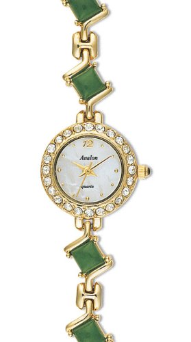 Avalon Ladies Fashion Genuine Jade Watch with Cubic Zirconia Goldtone Case # 2420