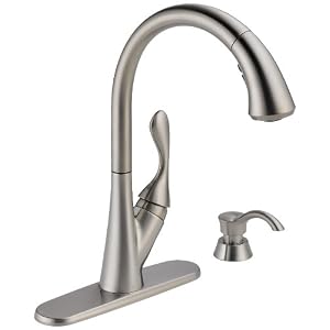 Delta Ashton 19922-SSSD-DST Single Handle Pull-Down Kitchen Faucet with Soap Dispenser, Stainless