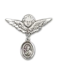 Sterling Silver Baby Badge with St. Francis Xavier Charm and Angel with Wings Badge Pin