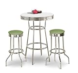 Chrome Bar Table & 2 Chrome Celery Green Vinyl Seat Barstools
