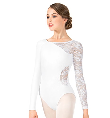 Adult Long Sleeve Leotard with Lace Sleeve and Insert,N8650BLKS,Black,Small