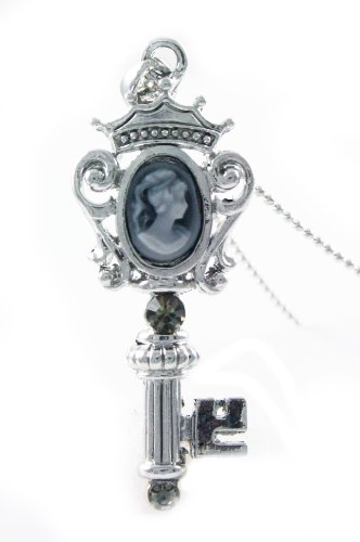 Beautiful Victorian Style Cameo Key Charm Necklace with Gray Crystal Accent Comes Gift Boxed
