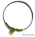SilverChicks Choker Necklace - Olive Green Kazuri & Unakite Pendant
