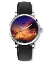 SPRAWL Aanalog Fashion Series Silver Ladies Watches of Genuine Black Leather Strap,Unique Wrist Watch for Women Girls Designed with Sunset in the field
