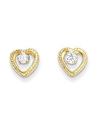 MadiK® 14k Yellow Gold Polished & Textured Heart w/CZ Post Earrings