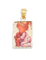 Child Girl Teddy Bear Square 14k Yellow Gold Pendant