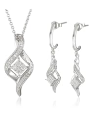 Sterling Silver Diamond Twist Shape Pendant and Earrings Box Set (1/10 Cttw, I-J Color, I2-I3 Clarity), 18"