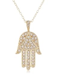 Goldtone Finish Silver and Cubic Zirconia Hamsa Pendant Necklace, 18"