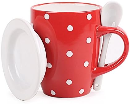 Adorable Polka Dot Pattern Design Ceramic Drink Tea Coffee Mug Cup With Lid Spoon (Red)