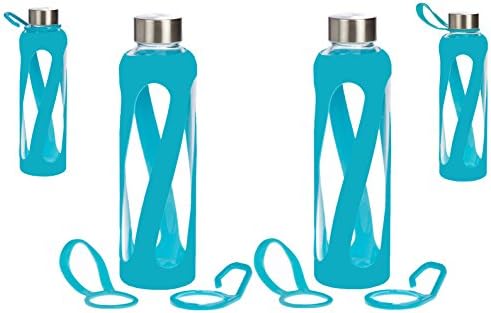 1, 2, 3, 4- PACKS - 20 oz Leak Proof, Reusable Pure Borosilicate Tempered Glass Water Bottle, Non-Slip Silicone Sleeve, 2 Attachments: Loop and Hook, Free of BPA, BPS, BPF, PVC, Phthalates