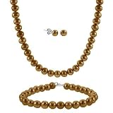 Sterling Silver 5.5-6mm Genuine Freshwater Cultured Brown Pearl Necklace Bracelet & Stud Earring Set
