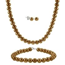 Sterling Silver 5.5-6mm Genuine Freshwater Cultured Brown Pearl Necklace Bracelet & Stud Earring Set