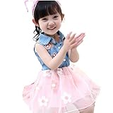 SiSaroベビーデニムワンピース キッズ 短袖ワンピース 女の子 ガールズ 夏 可愛い 通学 カジュアル おしゃれ レース こどもドレス スカートシャツ　ベビー服 パーティー　花柄 (73cm, ピ