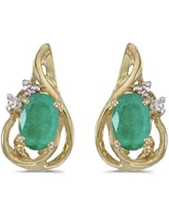 14k Yellow Gold Oval Emerald And Diamond Teardrop Earrings
