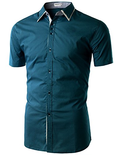 Doublju Mens Lightweight 3/4 Sleeve Button Down Top STONEBLUE,XL