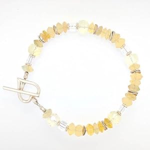 Yellow Opal, Lemon Quartz and Fluorite Gemstone Bracelet with Accents of Crystal Glass, Sterling Silver, and Heart Shaped Toggle Clasp, 7 3/4" Length, #7535