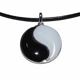 Sterling Silver Black and White Jade Yin/Yang Pendant on Leather Cord, 18