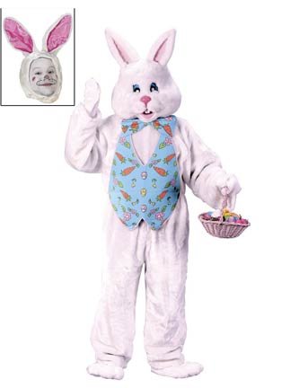 Easter Bunny Costume Deluxe Adult White With Blue Vest and Mascot Head