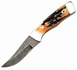 Bear and Son 6 1/2" Genuine India Stag Bone Damascus Steel Upswept Skinner with Leather Sheath