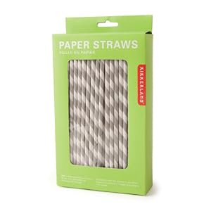 Kikkerland Biodegradable Paper Straws, Gray and White Striped, Box of 144