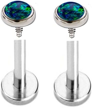 Pair of 16g 1/4'' Stainless Steel Internally Threaded Fire Opal Cabochon Labret Monroe Lip Tragus Piercing Bar Body Jewelry Ring (Lapis Blue)