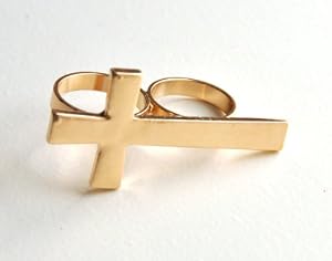 Vintage vergolderter Art-Deko Punk Gothik Kreuz Zwei-Finger-Ring