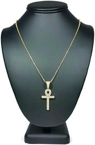 18k Gold Plated Sterling Silver Italian Ball Beaded Chain Necklace with Micro Pave Egyptian Ankh Key of Life Cross Pendant (18)