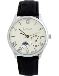 Sotijobs Fashion PU Leather Black Band White Face Rome Pattern Charm Men Women Casule Quartz Wrist Watch