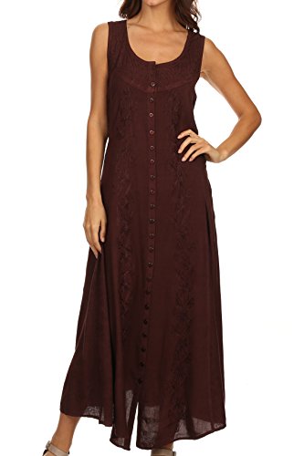 SakkasMaya Floral Embroidered Sleeveless Button Up Rayon Dress