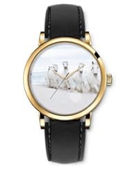 SPRAWL Aanalog Fashion Series Gold Ladies Watches of Genuine Black Leather Strap,Unique Wrist Watch for Women Girls Designed with White Horses at the beach