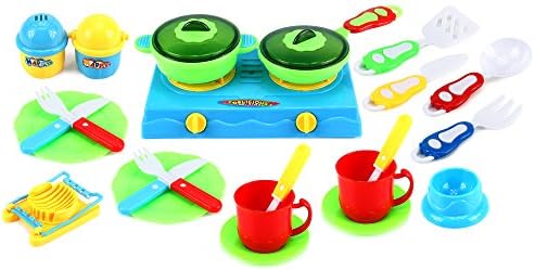 Super Kitchen Cookware Pretend Play Toy Kitchen Play Set w/ Toy Stove, Plates, Utensils