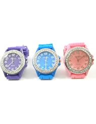 Pink Blue Purple 3 Pack Geneva Crystal Rhinestone Large Face Watch with Silicone Jelly Link Band