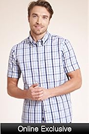 2" Longer Blue Harbour Pure Cotton Marl Grid Checked Shirt