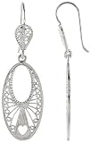 Sterling Silver Oval-shaped Filigree Drop Earrings, w/ Teeny Heart Cut Out at the bottom, 1 7/8″ (48mm) tall