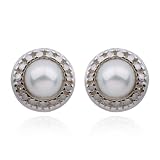 Platinum Plated Sterling Silver Genuine White Pearl and Diamond Accent 5.5mm Post Earrings