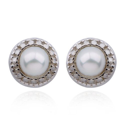 Platinum Plated Sterling Silver Genuine White Pearl and Diamond Accent 5.5mm Post Earrings